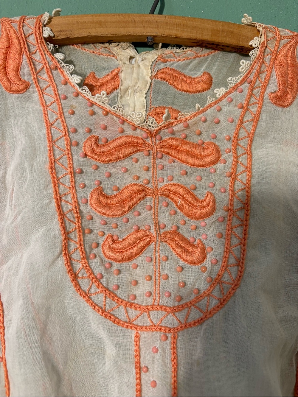 ANTIQUE Edwardian Embroidered White Peasant Blouse with Coral Beading - Picture 2 of 6